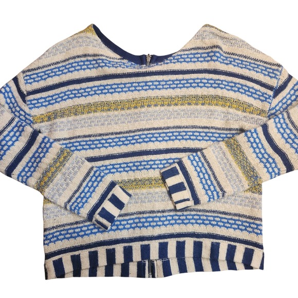 Sweaters - Fair Isle inspired Striped Knit Sweater Blue Cream Yellow Metallic Back Zip Boho